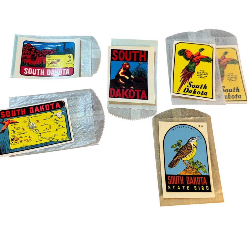 Vintage 1970s South Dakota Window Decals Lot‎ Souvenir Travel NOS Sleeves 6 pcs